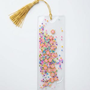 May include: A rectangular clear plastic bookmark filled with colorful confetti, small pink and orange circular fruit-shaped slices, and multi-colored sprinkles. A gold-colored cord with a matching gold tassel is attached to the top.