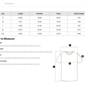 May include: Size chart for a t-shirt with measurements in inches for length, shoulder, chest, and sleeve length. The chart includes sizes S, M, L, XL, and 2XL.