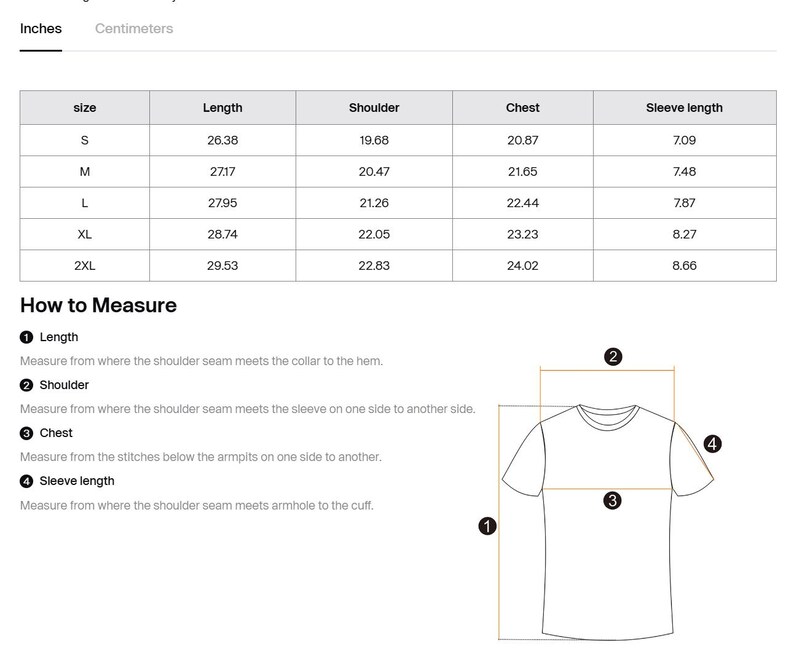 May include: Size chart for a t-shirt with measurements in inches for length, shoulder, chest, and sleeve length. The chart includes sizes S, M, L, XL, and 2XL.