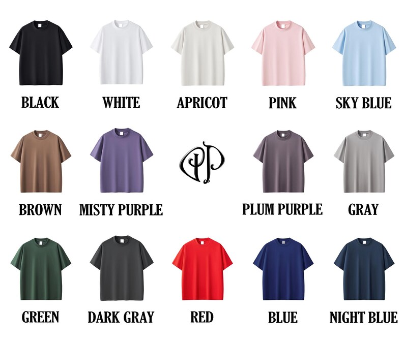 May include: A chart showing 12 different colors of t-shirts. The colors are: black, white, apricot, pink, sky blue, brown, misty purple, plum purple, gray, green, dark gray, red, blue, and night blue.