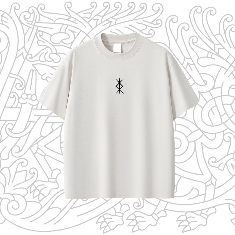 May include: A white t-shirt with a black symbol on the front. The symbol is a stylized design of four connected triangles.