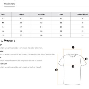 May include: Size chart for a t-shirt with measurements in inches and centimeters. The chart shows the size, length, shoulder, chest, and sleeve length for sizes S, M, L, XL, and 2XL.