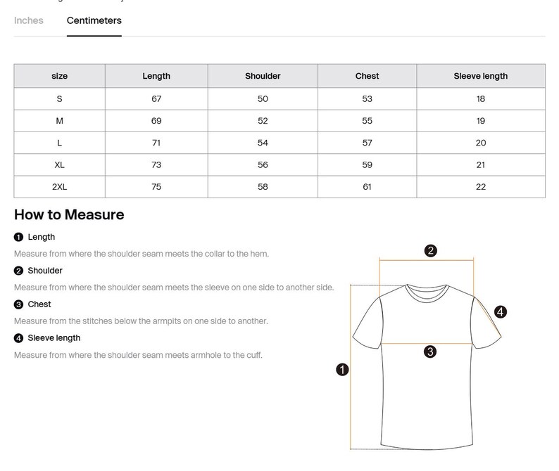 May include: Size chart for a t-shirt with measurements in inches and centimeters. The chart shows the size, length, shoulder, chest, and sleeve length for sizes S, M, L, XL, and 2XL.