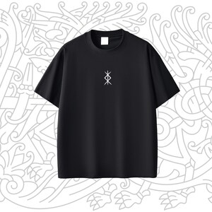 May include: Black t-shirt with a white symbol on the front. The symbol is a stylized cross with four arms.