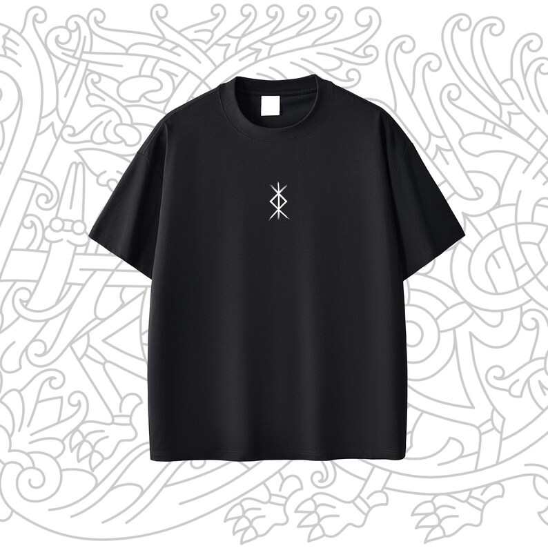 May include: Black t-shirt with a white symbol on the front. The symbol is a stylized cross with four arms.