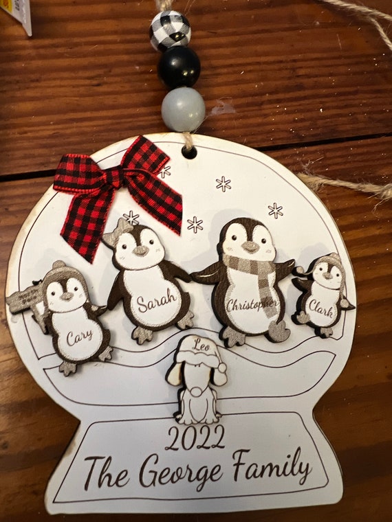 Penguin Snow Globe Family Personalized  Laser Engraved Christmas Ornament, Christmas Gift Ornament, Penguin Ornament, Family Personalized