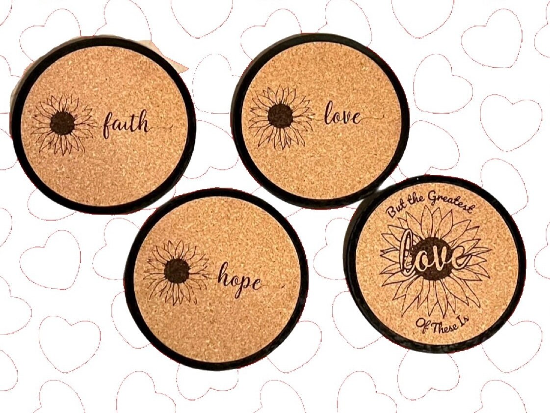 Faith, Hope, Love, Peace - Cork & Metal Coasters, Set of 4, Brown