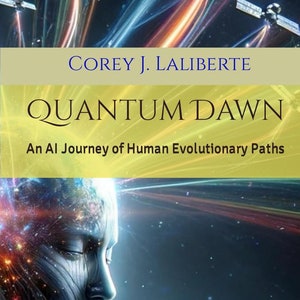 May include: A book cover with a blue and yellow gradient background. The title "QUANTUM DAWN" is in large, white letters. The subtitle "An AI Journey of Human Evolutionary Paths" is in smaller white letters. The author's name "COREY J. LALIBERTE" is in blue letters on a beige background. The cover features a stylized image of a human head with a glowing blue light emanating from it.