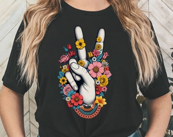 Boho Hippy Floral Hand Peace Sign T-Shirt, Peace Love Wildflower Tee-Shirt,  Retro Color Flower Shirt, Hippie Lover Gift, 60's Tee-Shirt