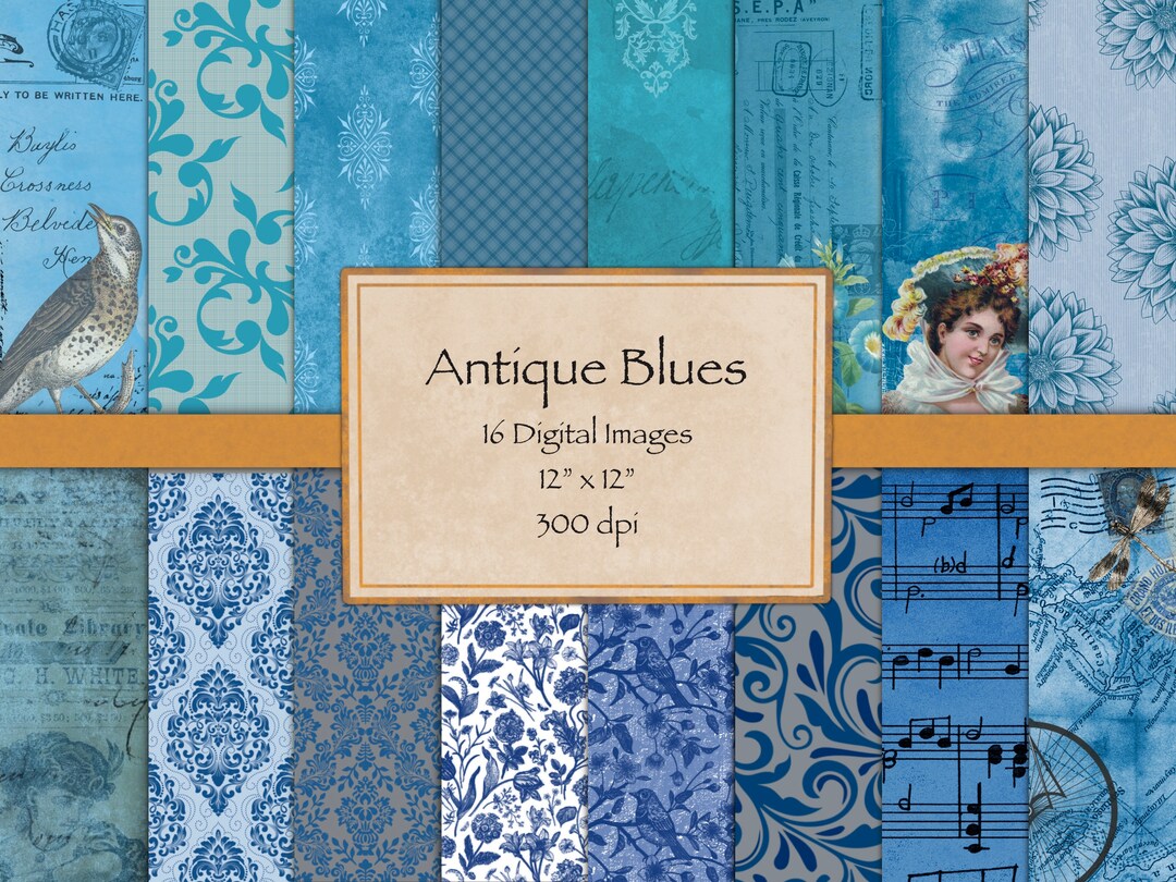 Antique Blues Blue Digital Printable Paper Pack Scrapbooking Scrapbook Paper Background Instant ...