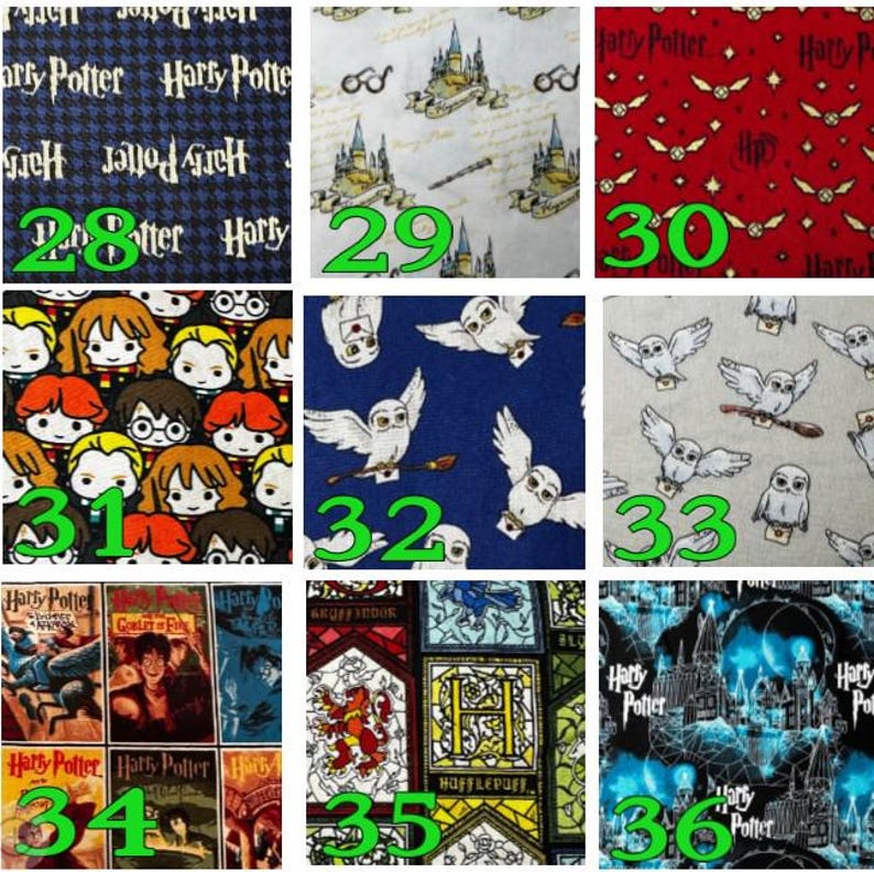 May include: A collection of fabric swatches featuring various designs from the Harry Potter series. Designs include repeating patterns of characters, owls, book covers, and the Hogwarts castle. Colors include blue, red, and yellow.