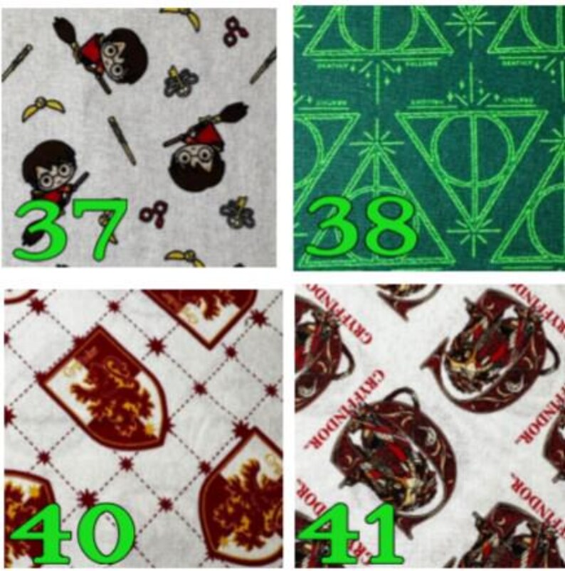 May include: Four fabric swatches with different patterns. One features a cartoon character with a broom, another has green geometric shapes, a third displays a crest, and the last shows a Gryffindor emblem. Each swatch has a number in the corner.