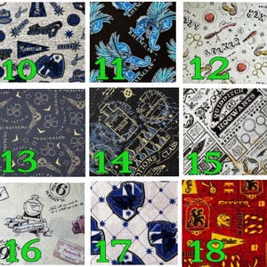 May include: Assorted fabric swatches with various Harry Potter-themed designs. Includes patterns with the Hogwarts crest, Quidditch elements, Ravenclaw emblems, and potion labels. Colors include navy, gold, red, and white.