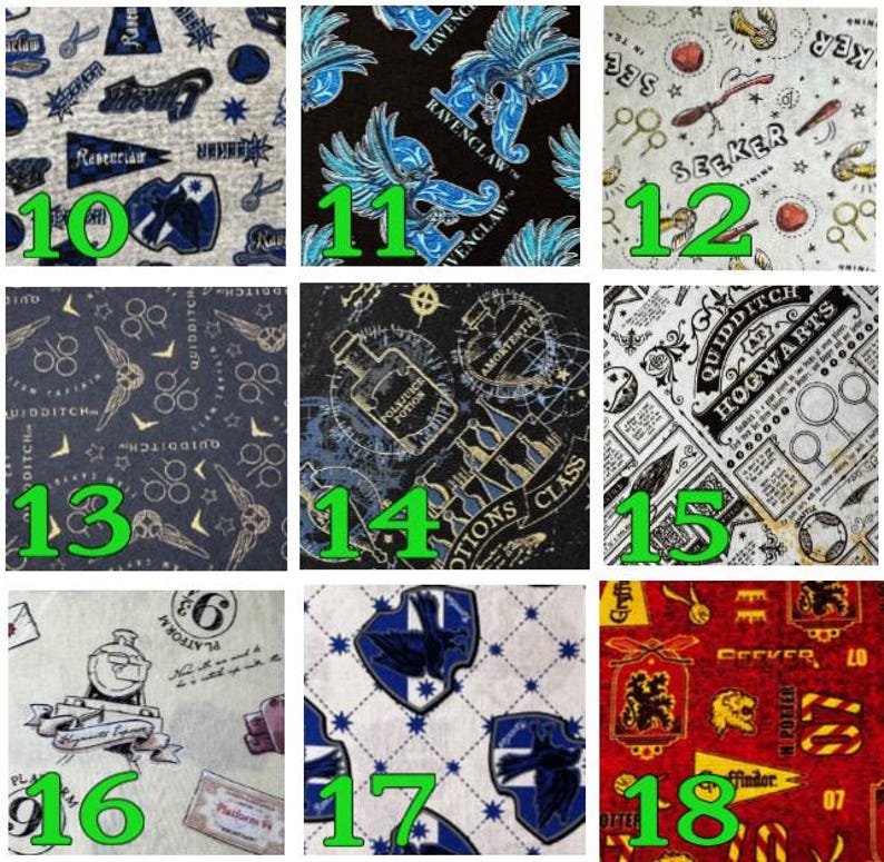 May include: Assorted fabric swatches with various Harry Potter-themed designs. Includes patterns with the Hogwarts crest, Quidditch elements, Ravenclaw emblems, and potion labels. Colors include navy, gold, red, and white.