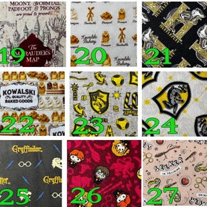 May include: Assorted fabric swatches with various patterns. One features a map with text "The Marauder's Map". Others include cartoon characters, owls, and text "Kowalski Bakery". Additional designs showcase house crests and text "Gryffindor" and "Seeker in Training".