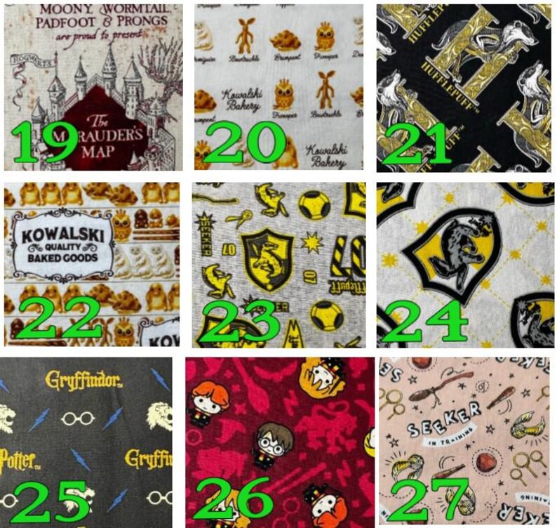 May include: Assorted fabric swatches with various patterns. One features a map with text "The Marauder's Map". Others include cartoon characters, owls, and text "Kowalski Bakery". Additional designs showcase house crests and text "Gryffindor" and "Seeker in Training".