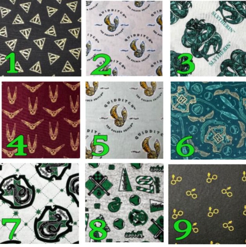 May include: Nine fabric swatches with different patterns. The patterns include golden snitches, the Deathly Hallows symbol, and the Hogwarts crest. The color schemes vary, including black, burgundy, and teal.
