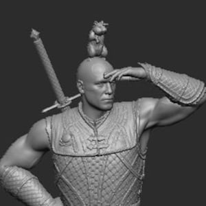 May include: A gray 3D printed figurine of a warrior standing on a rocky base with arrows sticking out of the ground. The warrior is wearing armor and holding a sword. The figurine is 190 mm tall, 103 mm wide, and 105 mm deep.