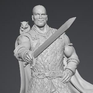 May include: A detailed grayscale figurine of a muscular warrior holding a sword. The warrior wears quilted armor, boots, and a cape. An owl sits on the warrior's shoulder. The figurine stands on a circular base.