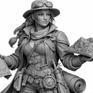 May include: A monochrome resin miniature figure of an explorer wearing a wide-brimmed hat with goggles, a long coat, and boots. The figure holds a map in one hand and a small mountain terrain model in the other, with a tripod and scrolls nearby.