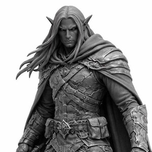 May include: A grayscale figurine of a fantasy warrior elf, holding two daggers. The figure is clad in detailed armor, a flowing cape, and has long, flowing hair. The base is textured.