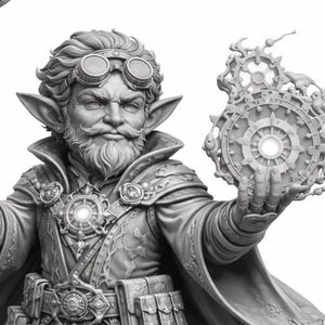 May include: A detailed grayscale figurine of a fantasy dwarf wizard. He wears a long coat, goggles, and holds a staff with a starburst design and a glowing orb. The figure has a long beard and is standing on a circular base.