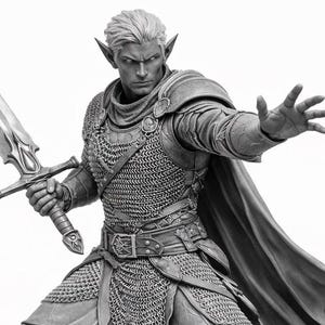May include: A detailed grayscale figurine of an elf warrior in full armour, holding a large sword. The figure is posed dynamically, with one arm outstretched. The armour includes chainmail, a cape, and leg and arm protection. The base is a circular platform.
