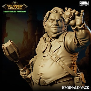 May include: A detailed figurine of Reginald Vazk from Uncharted Kingdoms. The figure is wearing a vest, jacket, and scarf, and holding a mace and a pendant. The figure is a light brown color. The text "The Luminous Fragment" is visible.