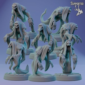 May include: Eight 3D printed miniature figures of ghostly figures in various poses. The figures are all wearing hooded robes and have skeletal features. The figures are printed in a light gray color and are set on circular bases.