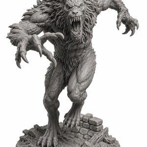 May include: A grey, unpainted miniature figurine of a snarling werewolf in a dynamic, lunging pose. The creature features detailed fur texture, sharp claws, and an open mouth with visible teeth, standing on a base resembling broken stone rubble.