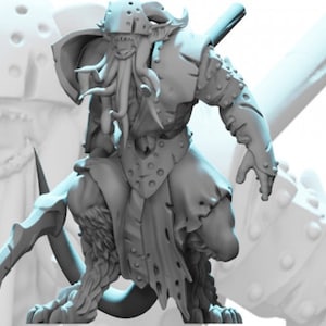 May include: A gray, detailed miniature figurine of a humanoid creature with tentacles, wearing armor and holding a sword. The creature has a horned helmet and a long, flowing beard.