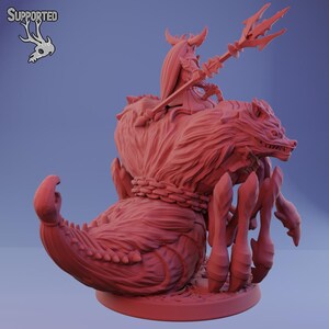 May include: A red 3D-printed miniature of a warrior riding a monstrous wolf-like creature. The warrior holds a spear, and the creature has large claws and a chained tail. The word "SUPPORTED" is in the upper left corner.