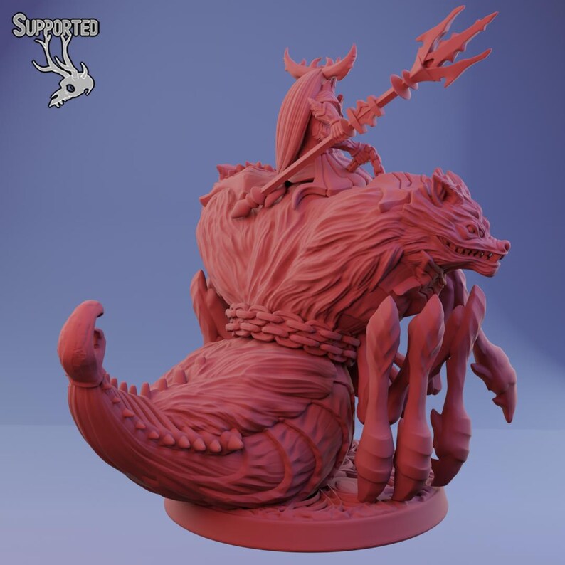May include: A red 3D-printed miniature of a warrior riding a monstrous wolf-like creature. The warrior holds a spear, and the creature has large claws and a chained tail. The word "SUPPORTED" is in the upper left corner.