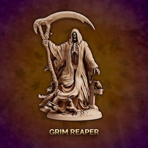 May include: A detailed figurine of the Grim Reaper, a skeletal figure in a flowing robe, holding a scythe and standing on a base with a tombstone. The figurine is painted in shades of beige and brown.