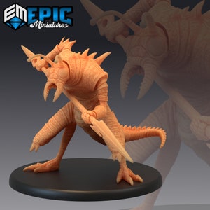 May include: A detailed, unpainted miniature of a humanoid creature with a reptilian appearance. The creature is holding a spear in its right hand and has a spiky, armoured head. The miniature is made of a light brown plastic and is standing on a round base.