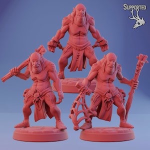 May include: Three 3D printed miniatures of humanoid figures with green skin, holding various weapons. The figures are painted in a reddish-brown color and are standing on circular bases.