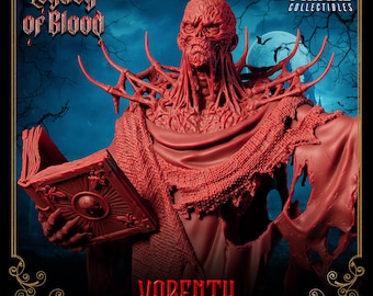 May include: A red Vorinth statue from Primal Collectibles, holding a detailed book. The figure has a skeletal face and a tattered cloak. The words "legacy of Blood" and "Vorenth" are displayed.