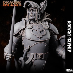 May include: A gray figurine of Aimard Dragon, a warrior in detailed armor, holding a spear. The figure wears a helmet with wing accents and a decorative chest plate. The Dragon + Blade logo is visible.