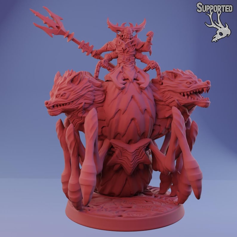 May include: A red 3D-printed fantasy miniature of a monstrous figure riding a creature with wolf-like heads and spider-like legs. The rider holds a trident. The base is round, and the design is detailed and intricate.