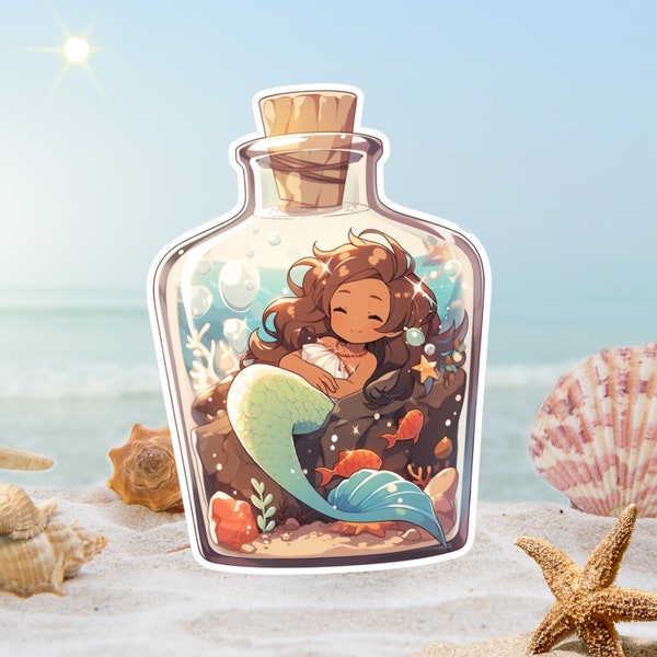 Captured Mermaid in a Bottle, Water Resistant Vinyl Sticker, Sleeping Kawaii Mixed Race Siren on Rocky Sea Bed, Anime Mermaid Decal