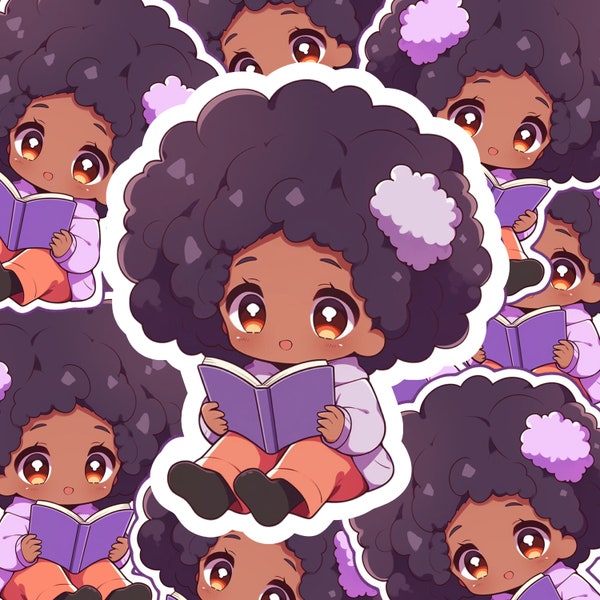 Chibi Afro Curly-Haired Black Girl Reading a Book, Kiss Cut Sticker, Cute Anime Girl, Gift for Book Worms, Laptop, Journal, Kindle Decal