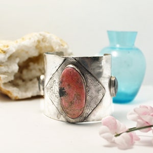 Rhodonite Cuff Bracelet Vintage. Sterling Silver.