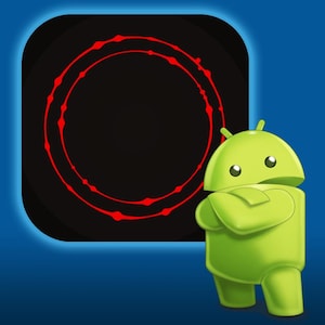 Pode incluir: Um robô Android verde-limão com os braços cruzados está ao lado de um ícone quadrado preto com dois padrões de ondas sonoras circulares vermelhas concêntricas contra um fundo azul em degradê.