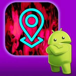 Op de afbeelding: Een limoengroene Android-robotfiguur met gekruiste armen naast een vierkant icoon met afgeronde hoeken. Het icoon toont een felcyaan locatie-pin-symbool tegen een levendige achtergrond van wervelende rode en zwarte rookwolken.