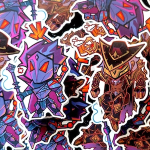 May include: A collection of colorful stickers featuring stylized fantasy characters. The stickers showcase characters in armor, holding staves, and wearing hats. The color palette includes purple, red, orange, and gold.