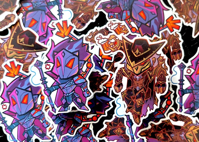 May include: A collection of colorful stickers featuring stylized fantasy characters. The stickers showcase characters in armor, holding staves, and wearing hats. The color palette includes purple, red, orange, and gold.