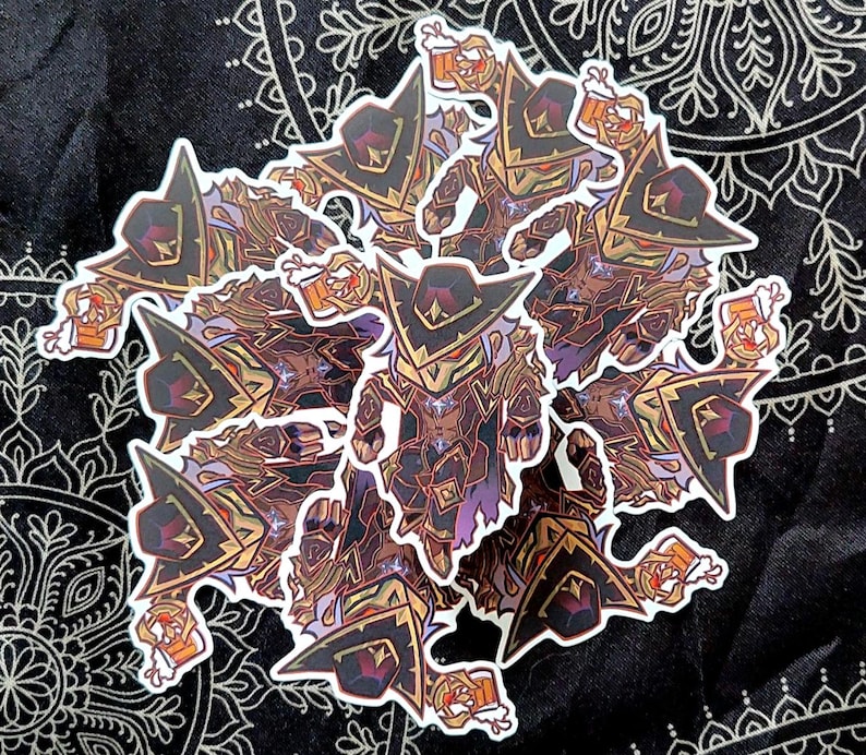 May include: A collection of stickers featuring a cartoon character in a dark hat and armor, holding a mug of beer. The stickers have a detailed design with brown, gold, and purple accents, and white borders. The stickers are on a black background.