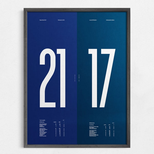 Super Bowl XLVI 46 / Final Score Minimal Print / Wall Art Poster / Canvas Home Decor / Black Frame Sports Gift / Giants Patriots Football