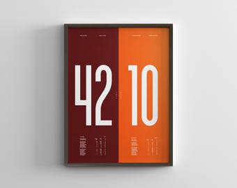 Puede incluir: Un póster enmarcado con fondo rojo y naranja. El póster presenta los números 42 y 10 en blanco, separados por una línea vertical. Los números son grandes y en negrita.