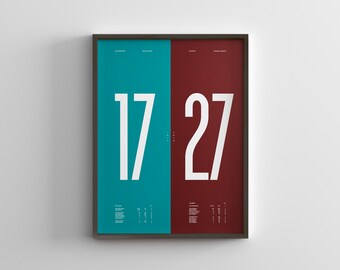 Puede incluir: Un póster enmarcado con fondo turquesa y burdeos. El póster presenta los números 17 y 27 en fuente blanca.
